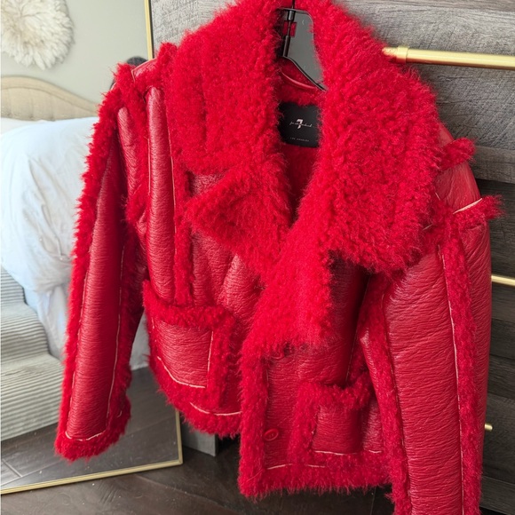 7 For All Mankind Stella Red Leather Shearling Jacket size small